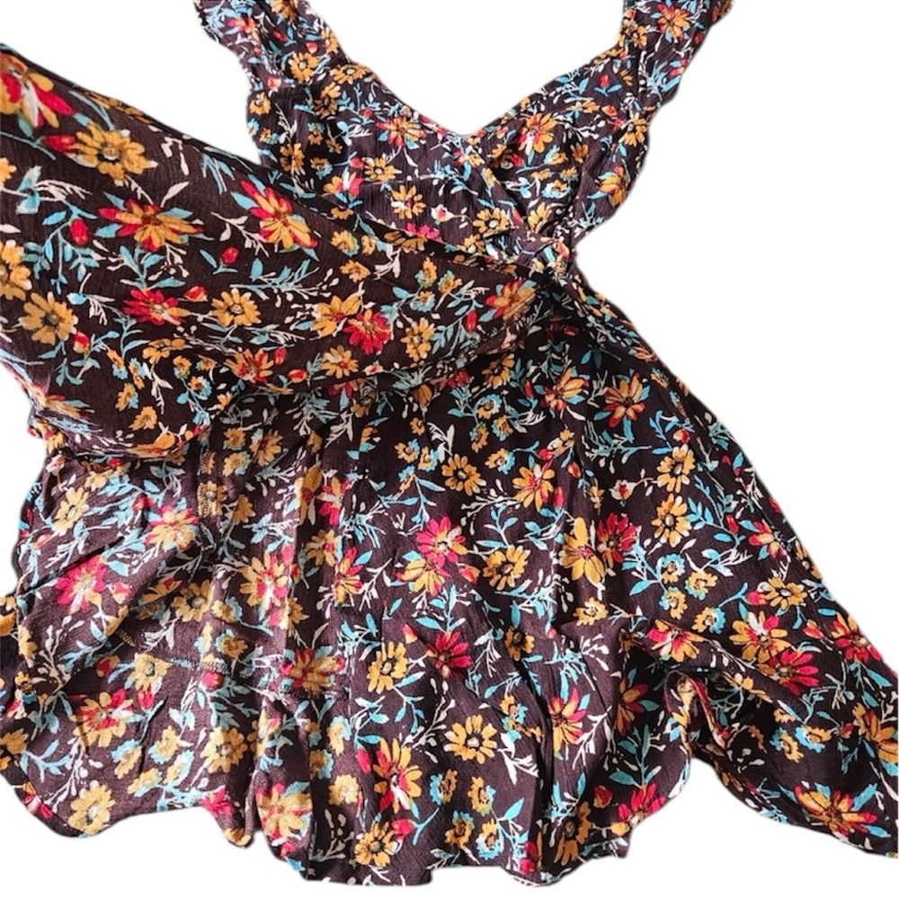Band of the Free Brown Marigold Floral Print Mini Wrap Dress Smocked Ruffle XS - Picture 9 of 16
